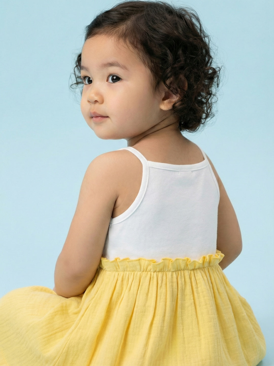 Nautinati Girls' Premium Double Cloth All-over Sun Print Fit & Flare Dress with Gathered Detail