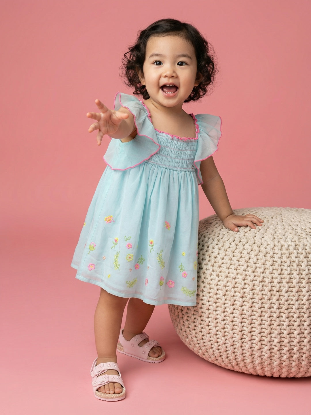 Nautinati Girls' Georgette Floral Embroidered Smocked A-Line Dress