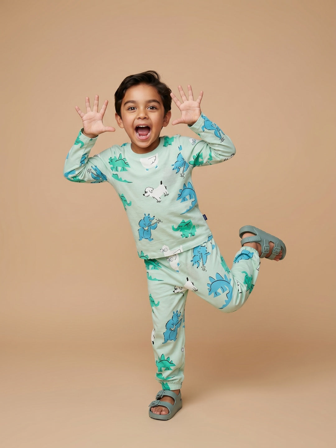 Nautinati Boys Pure Cotton Dinosaur Printed T-shirt with Joggers Night Suit