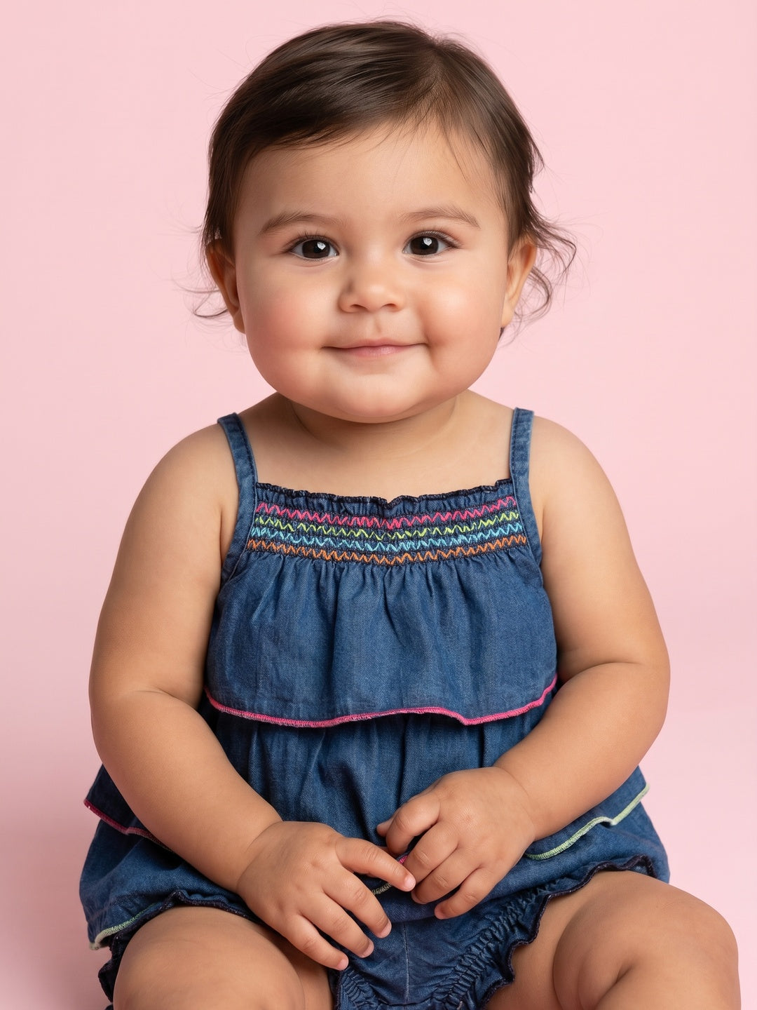 Nautinati  Girls' Denim Hem Embroidered Smocked Strappy Top & Shorts