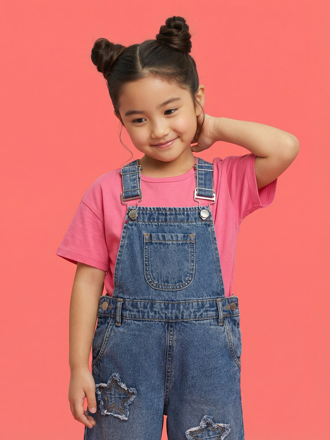 Nautinati Girls All-over Star Printed Denim Dungaree Set