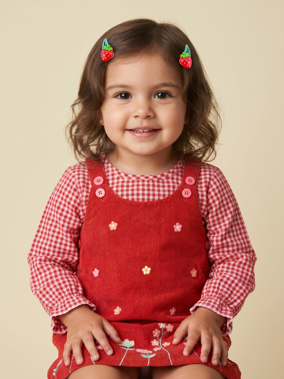Nautinati Girls' Corduroy Floral & Stars Embroidery Dungaree with Cotton Chequered T-shirt