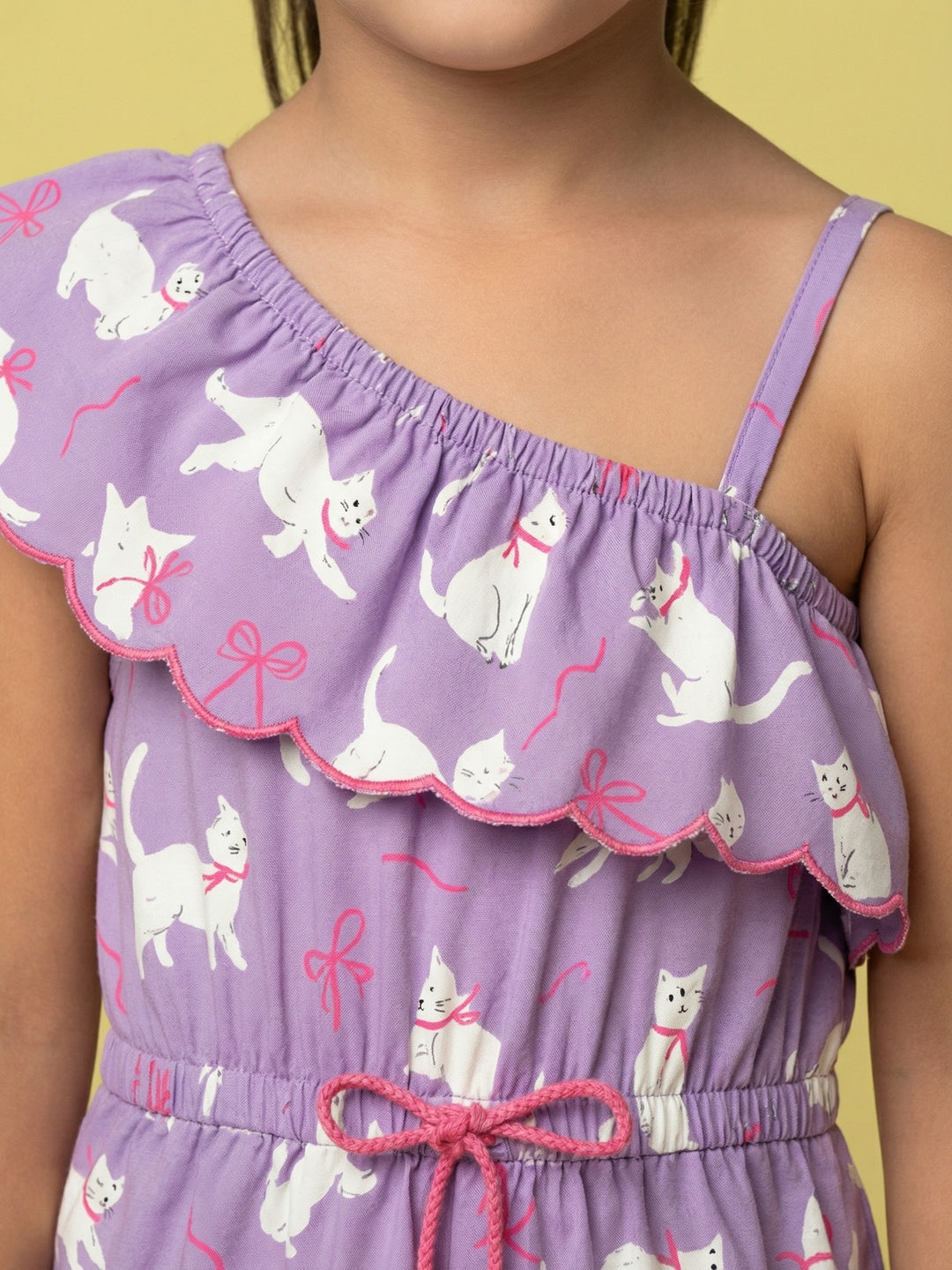 Nautinati Girls' Asymmetric Off-shoulder Cat Printed Playsuit with Tassel & Scallop Details