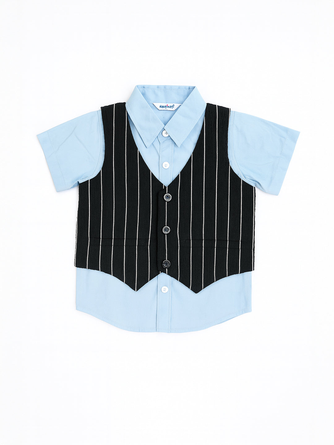 Nautinati Blue And Black Cotton Shirt With Striped Bottom & Waistcoat 3-Piece Set For Boys
