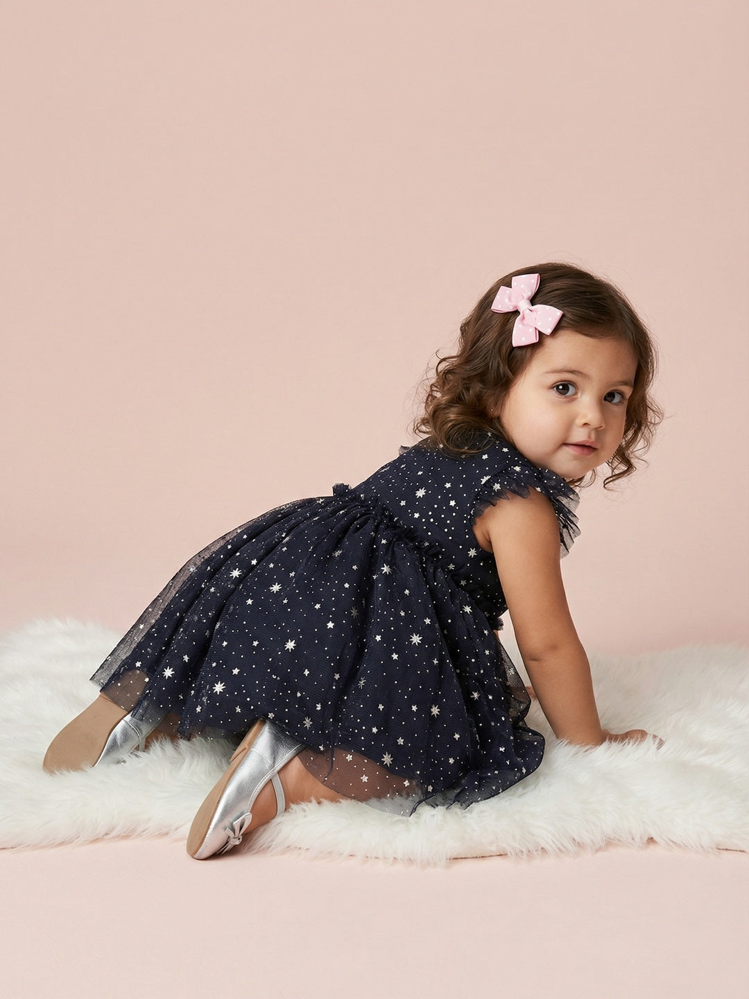 Nautinati Baby Girls' Fit & Flare Party Dress with Holographic All-over Star Foil Print Mesh