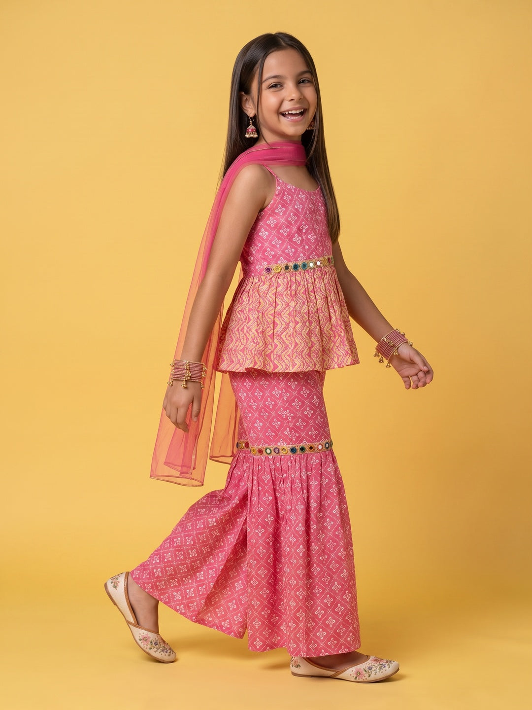 Nautinati Girls Bandhani Printed Mirror Work Pure Cotton Kurti With Sharara Dupatta