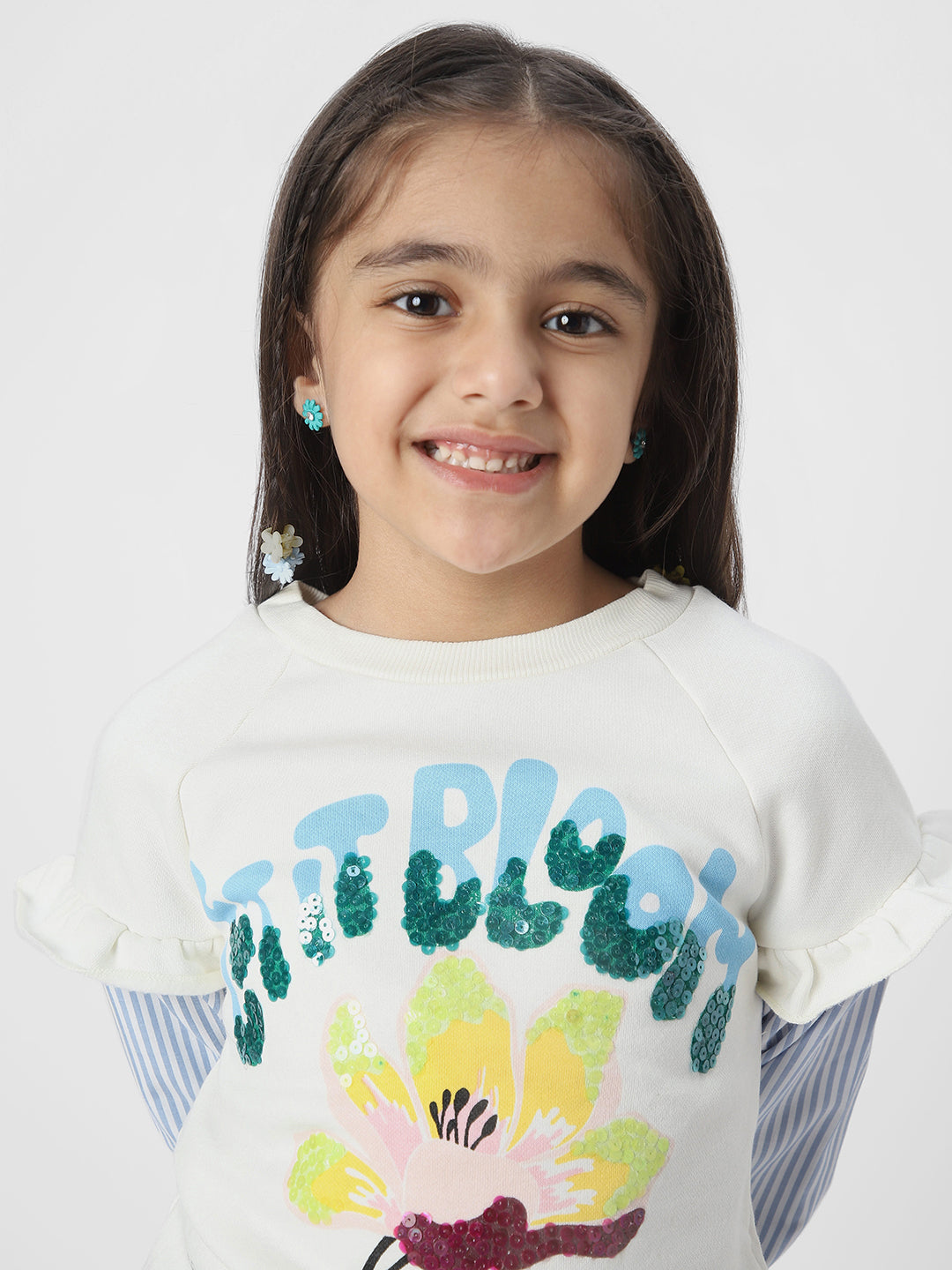 Girls Graphic Printed Sweatshirt With Striped Sleeves