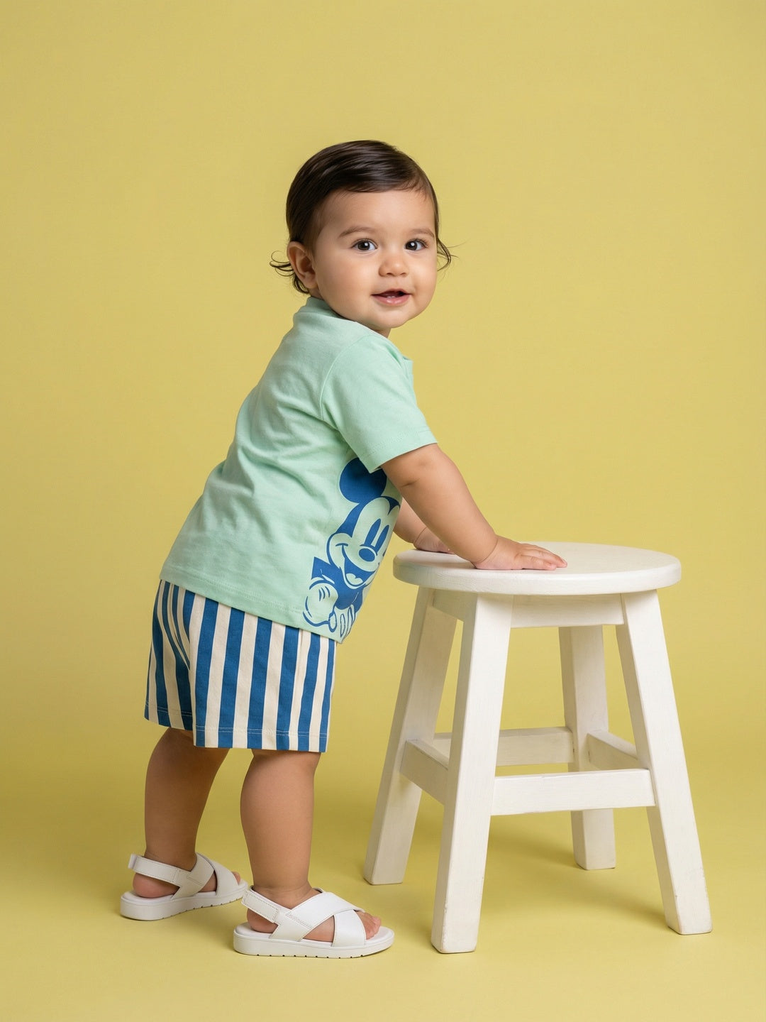 Nautinati Baby Boys Mickey Mouse Printed Regular Fit Round Neck T-shirt and Stripped Shorts Co-ord Set