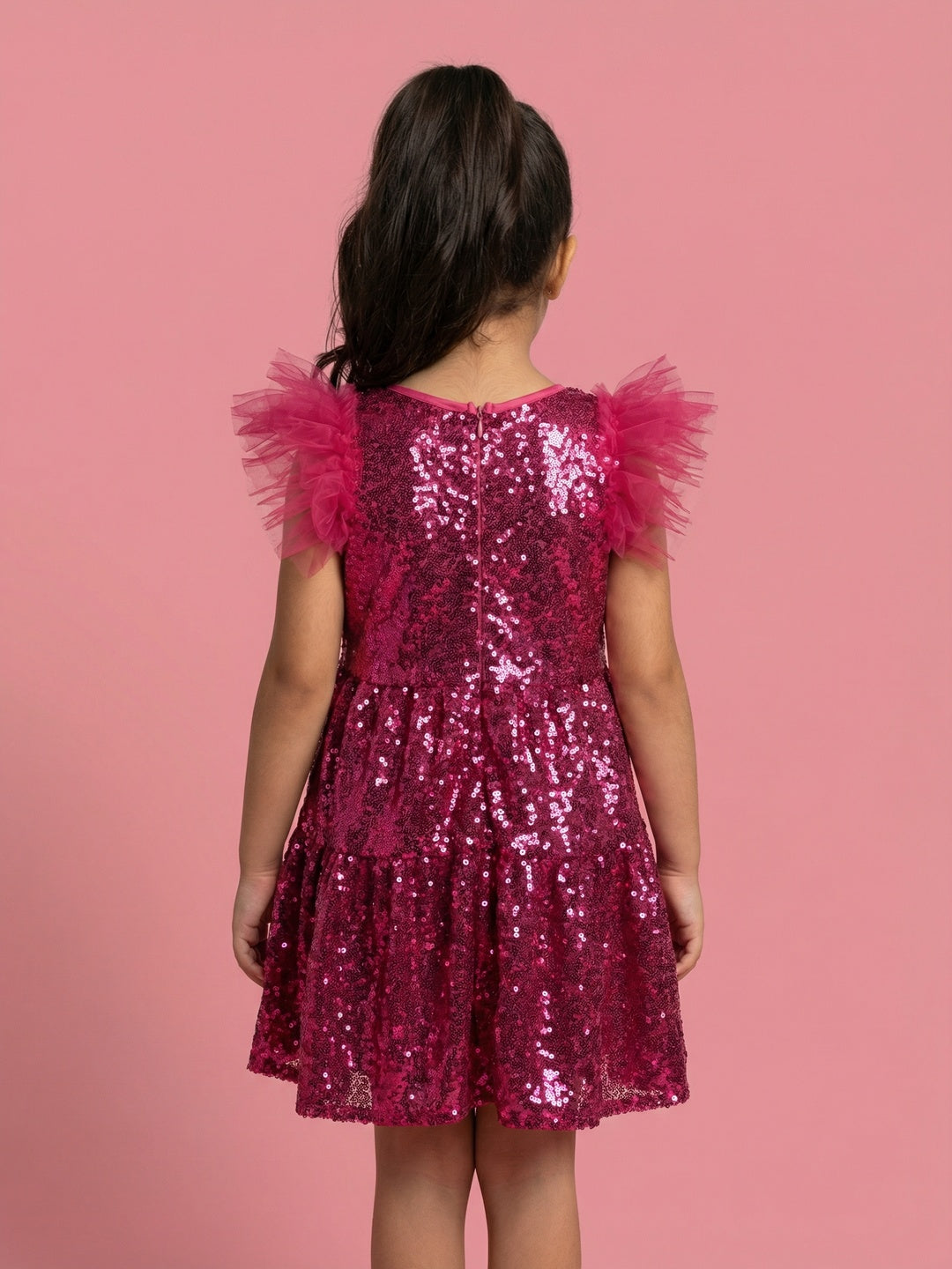 Nautinati Girls' Solid Sequinned A-line Party Dress with Ruffle Mesh Sleeves