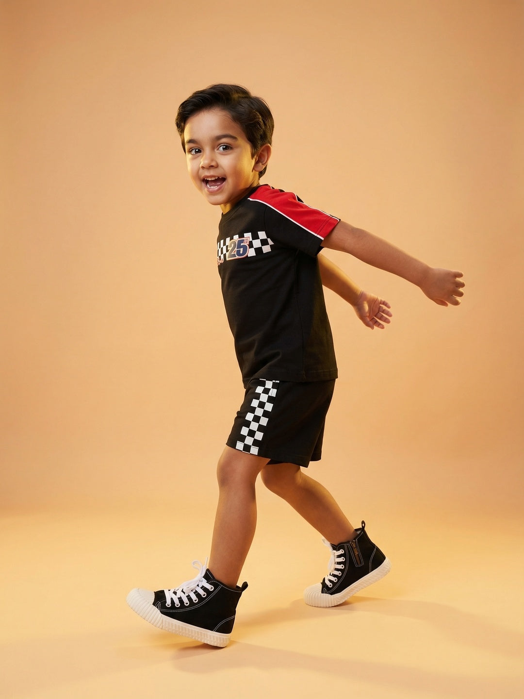 Nautinati Boys' Race Car Printed Regular Fit Round Neck T-shirt and Shorts Co-ord Set