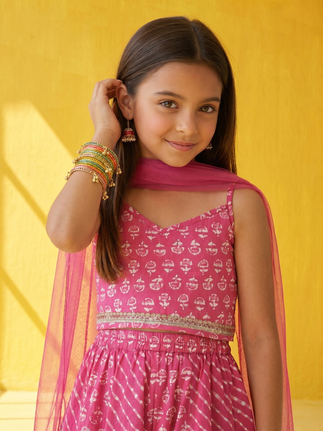 Nautinati Girls' 100% Cotton All-over Bandhani Print Lehenga Choli Set with Net Dupatta