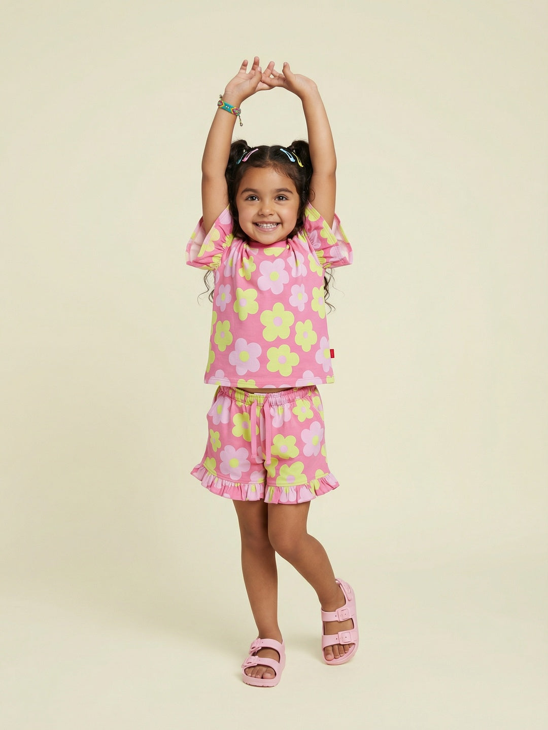 Nautinati Girls Floral All Over Print Regular Fit Cotton T-shirt and Shorts Co-ord Set