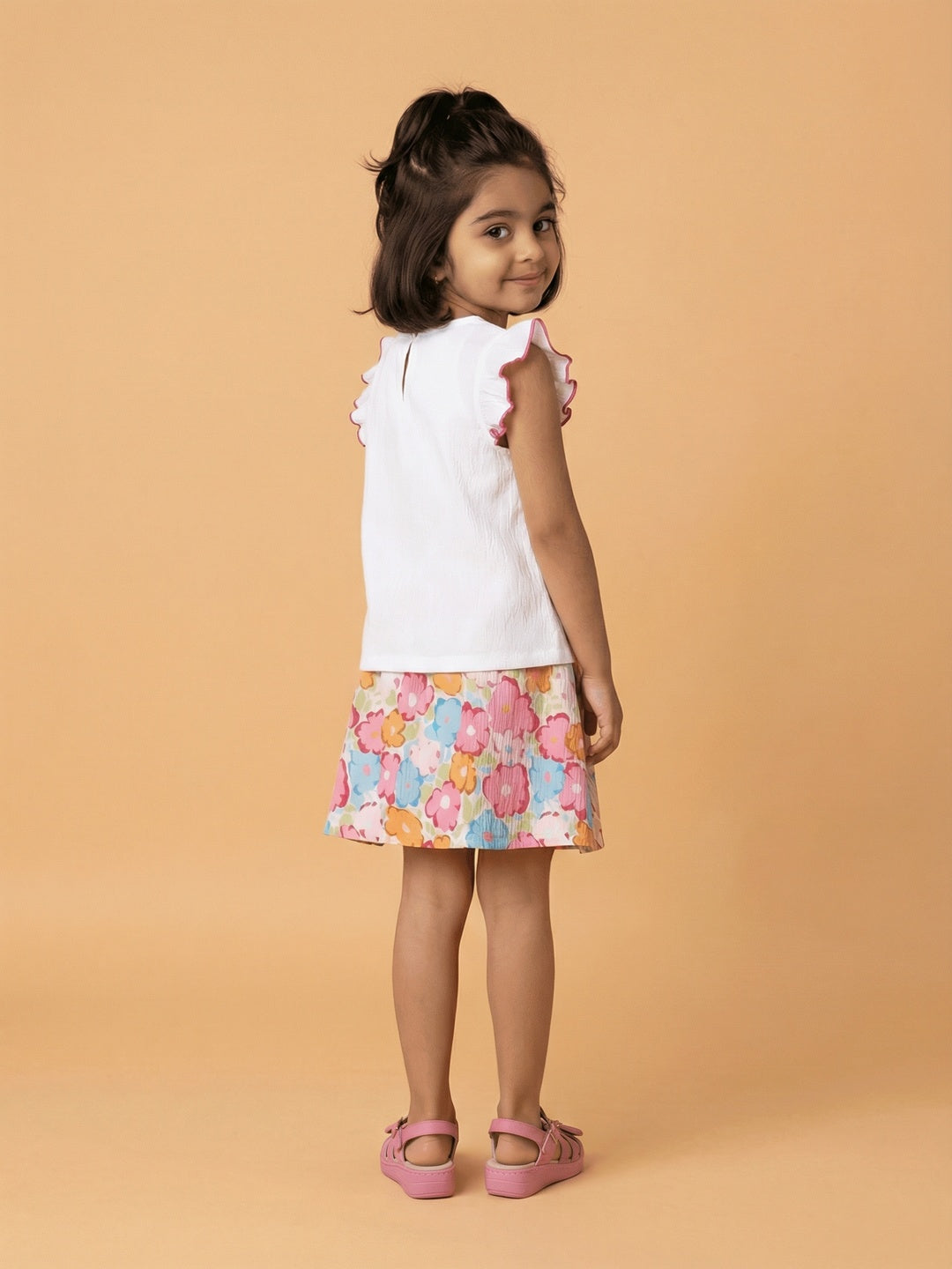 Nautinati Girls Cap Sleeve White Top with Flower Applique and Printed Skirt Clothing Set