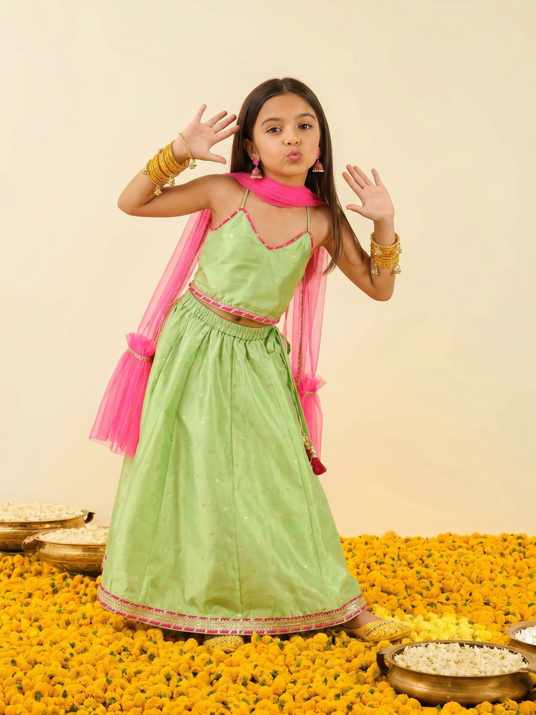 Nautinati Girls' All-over Gold Print Lehenga Choli Set with Net Dupatta & Gotta Patti Details