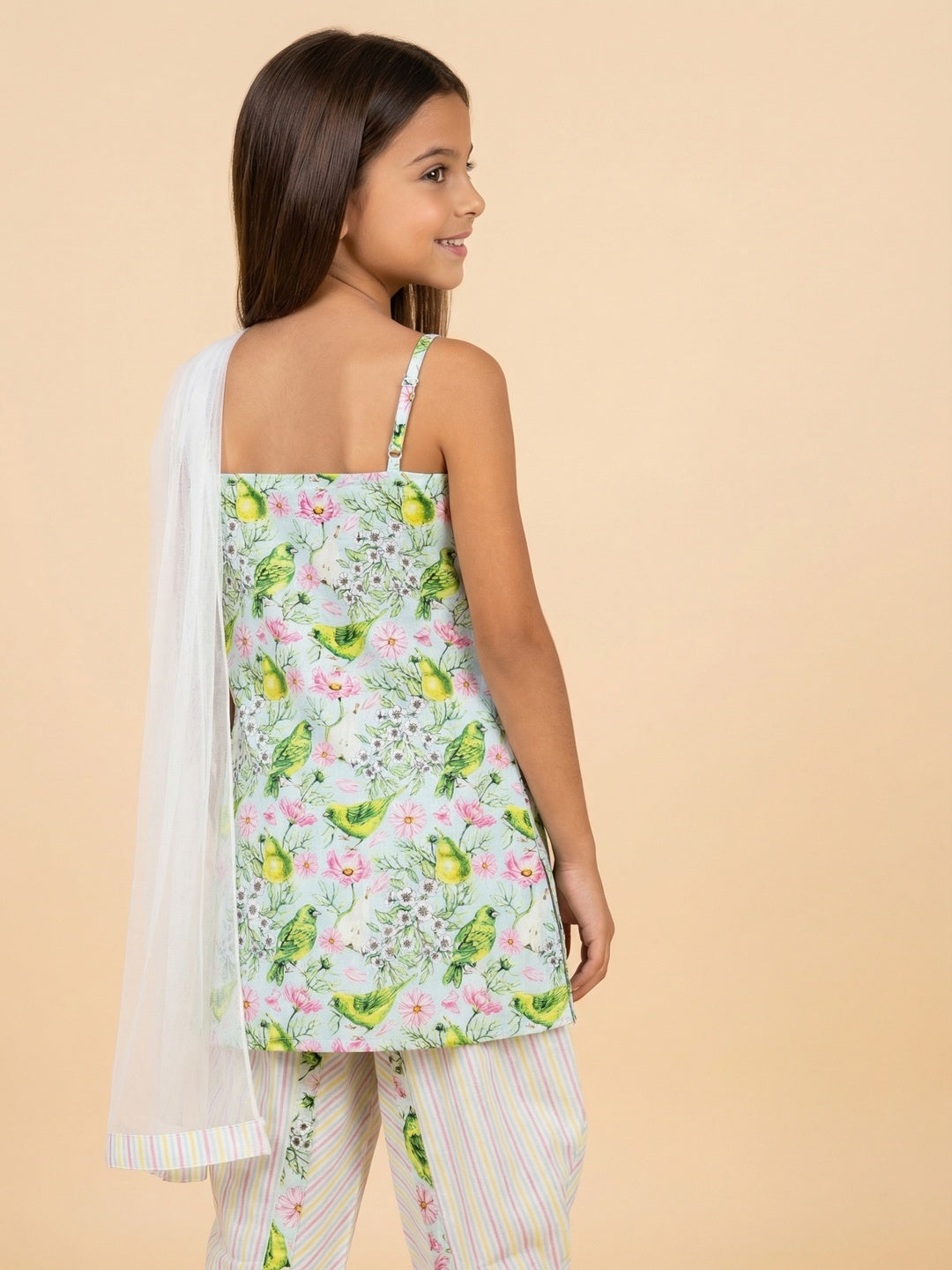 Nautinati Girls' Cotton Blend Festive Chintz Floral Kurti with Striped Dhoti Pants