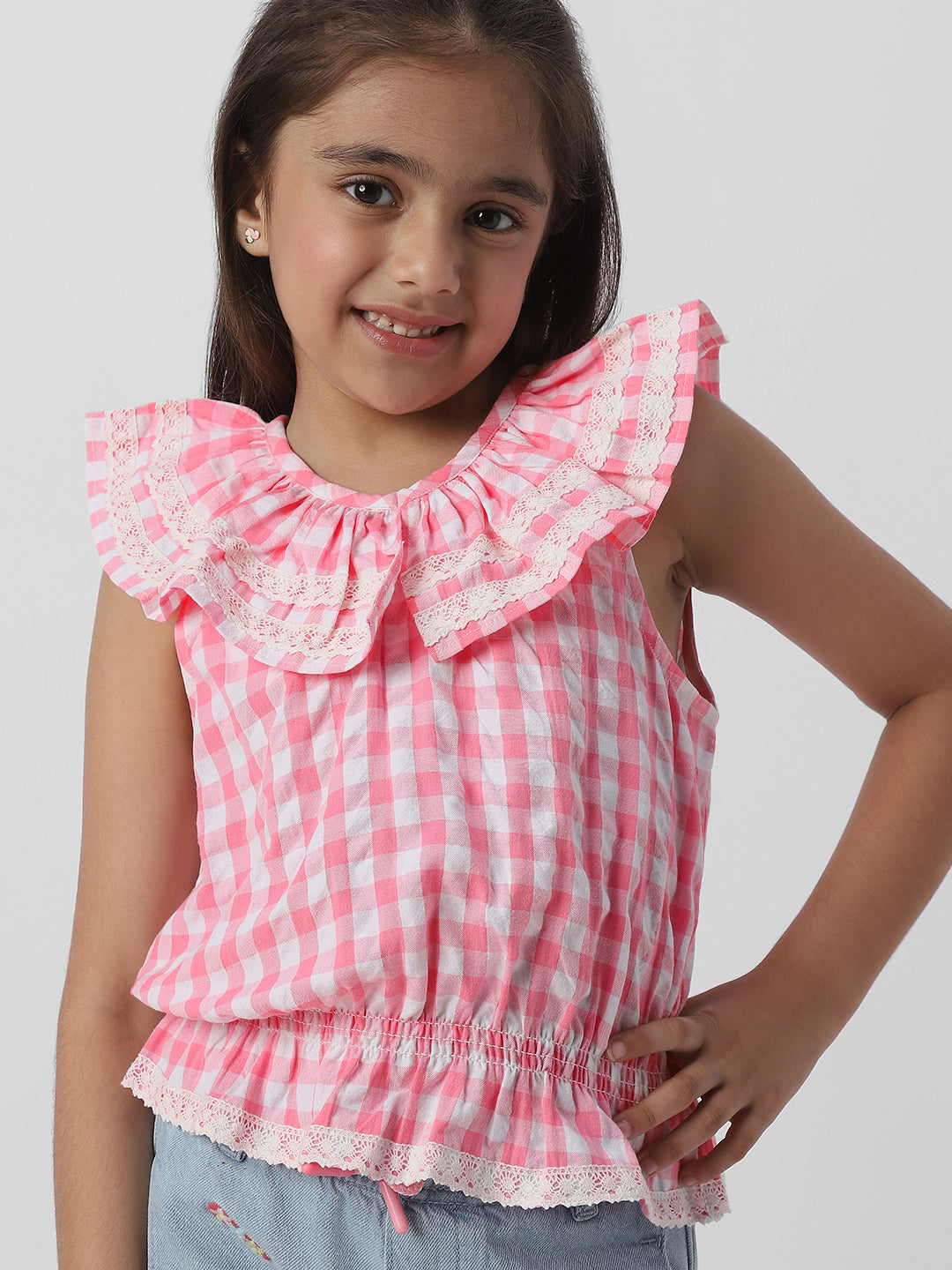 Nautinati Girls Cotton Peterpan Collar Sleeveless Gingham Checks Top