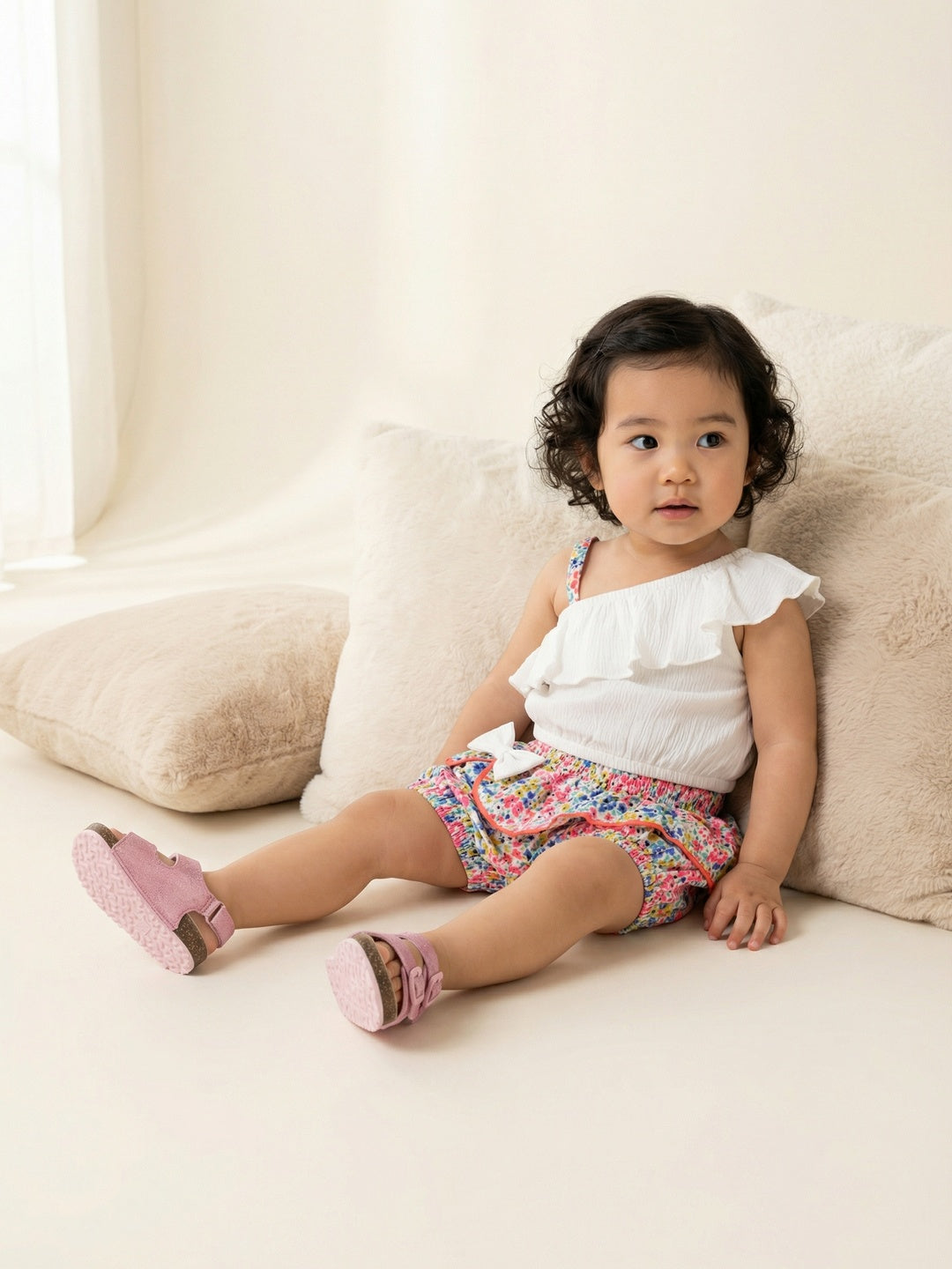 Nautinati Girls' Single-shouldered Top & All-over Floral Shorts Co-ord Set