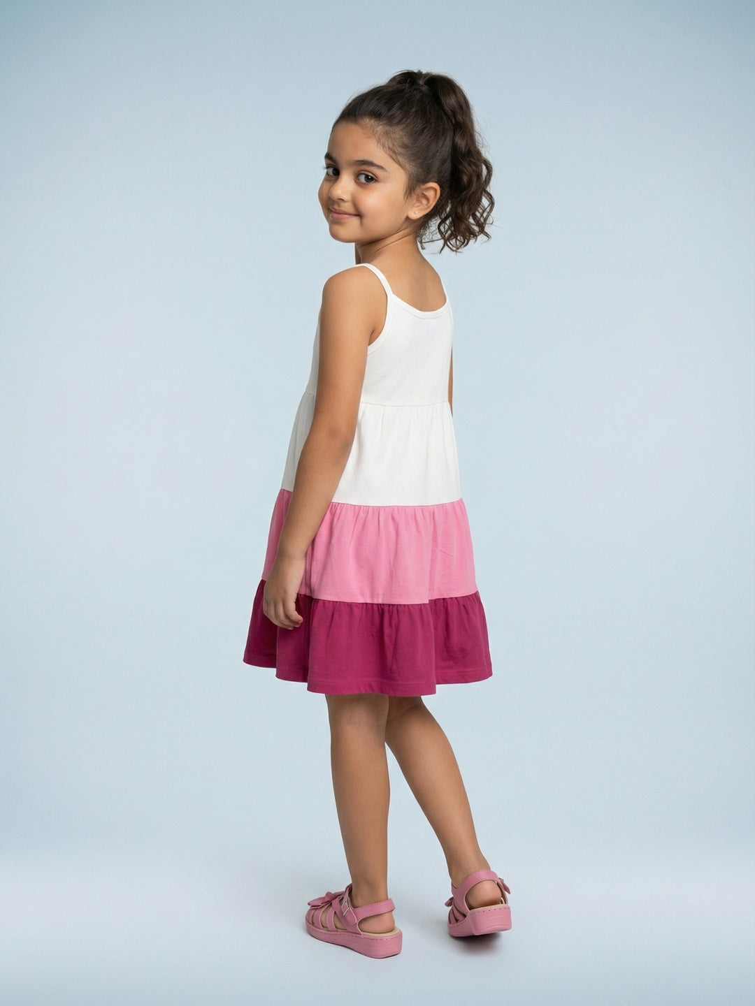 Nautinati Girls' 100% Cotton Tiered Dress with Colourblock & Ribbon Graphic Print