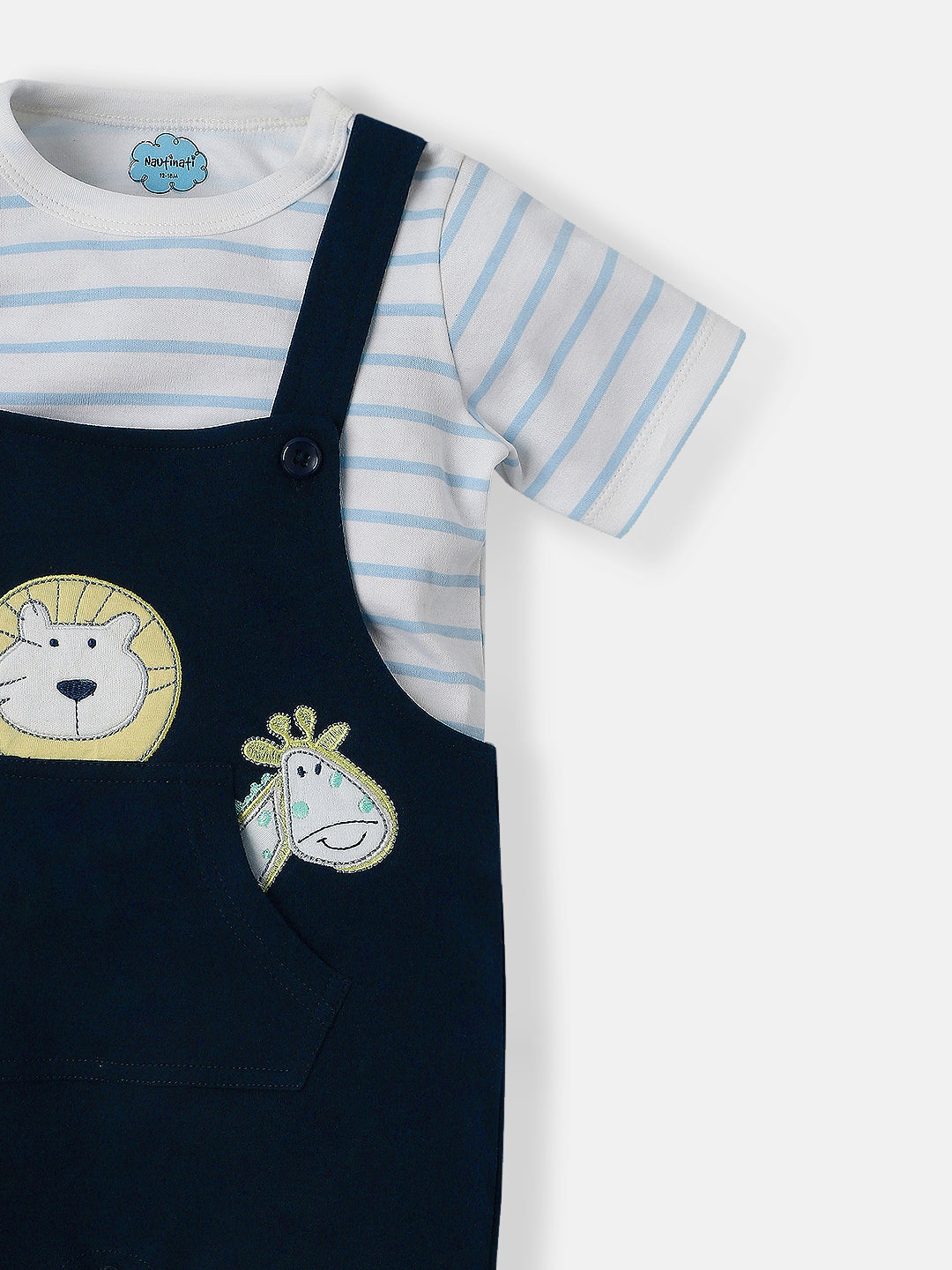 Nautinati Infants Animal Embroidery Cotton Dungaree with Striped T-shirt