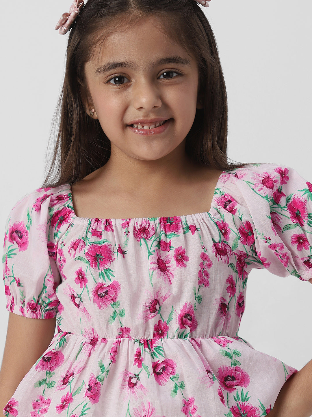 Nautinati Girls Floral Print Puff Sleeve Fit and Flare Top