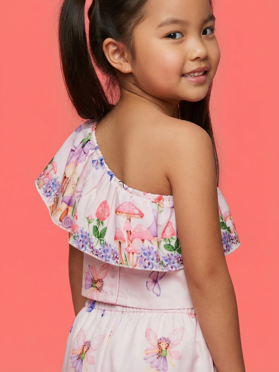 Nautinati Girls Printed Off-shoulder Lilac Crop Top with Wide Legged Pants Co-ord Set