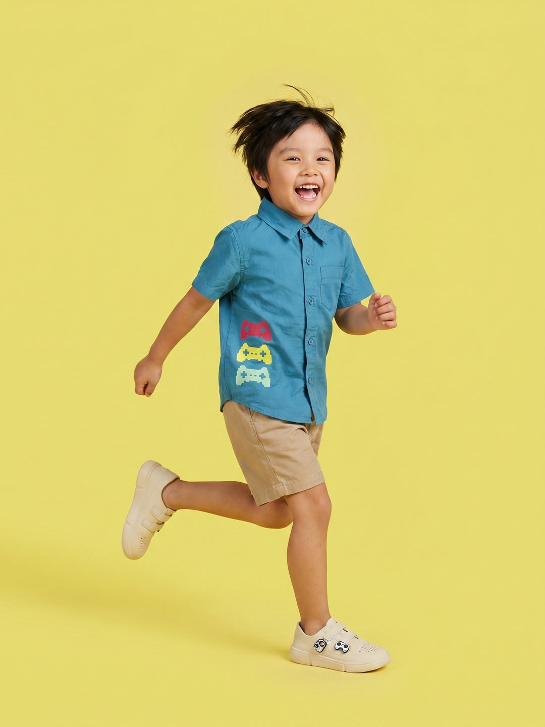 Nautinati Boys Blue Gaming Printed Regular Fit 100% Cotton Shirt and Brown Shorts Clothing Set