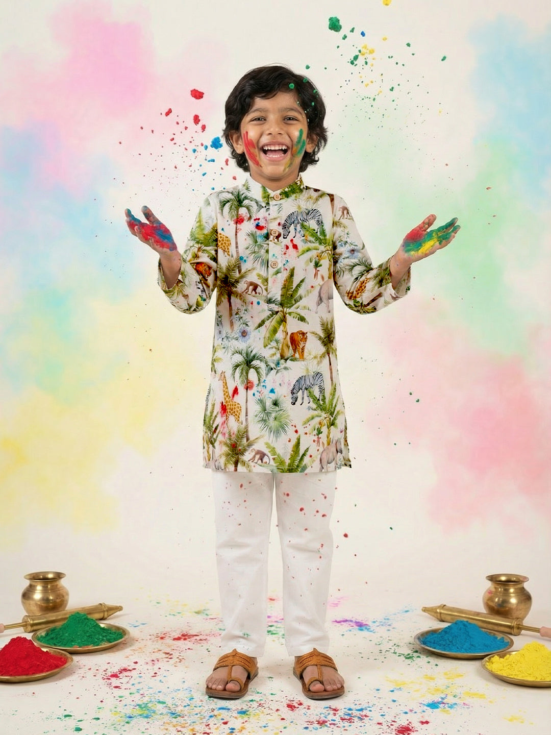 Boys' 100% Cotton Festive Resort Style Printed Kurta & Solid Pyjama Set