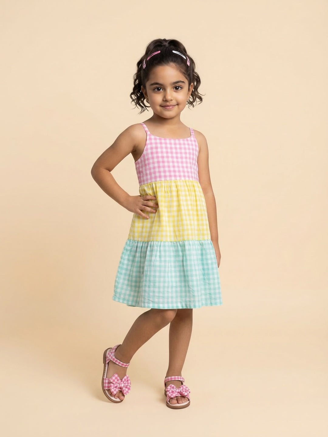 Nautinati Girls' Cotton Blend Colourblock & Gingham Chequered Gathered Strappy Dress