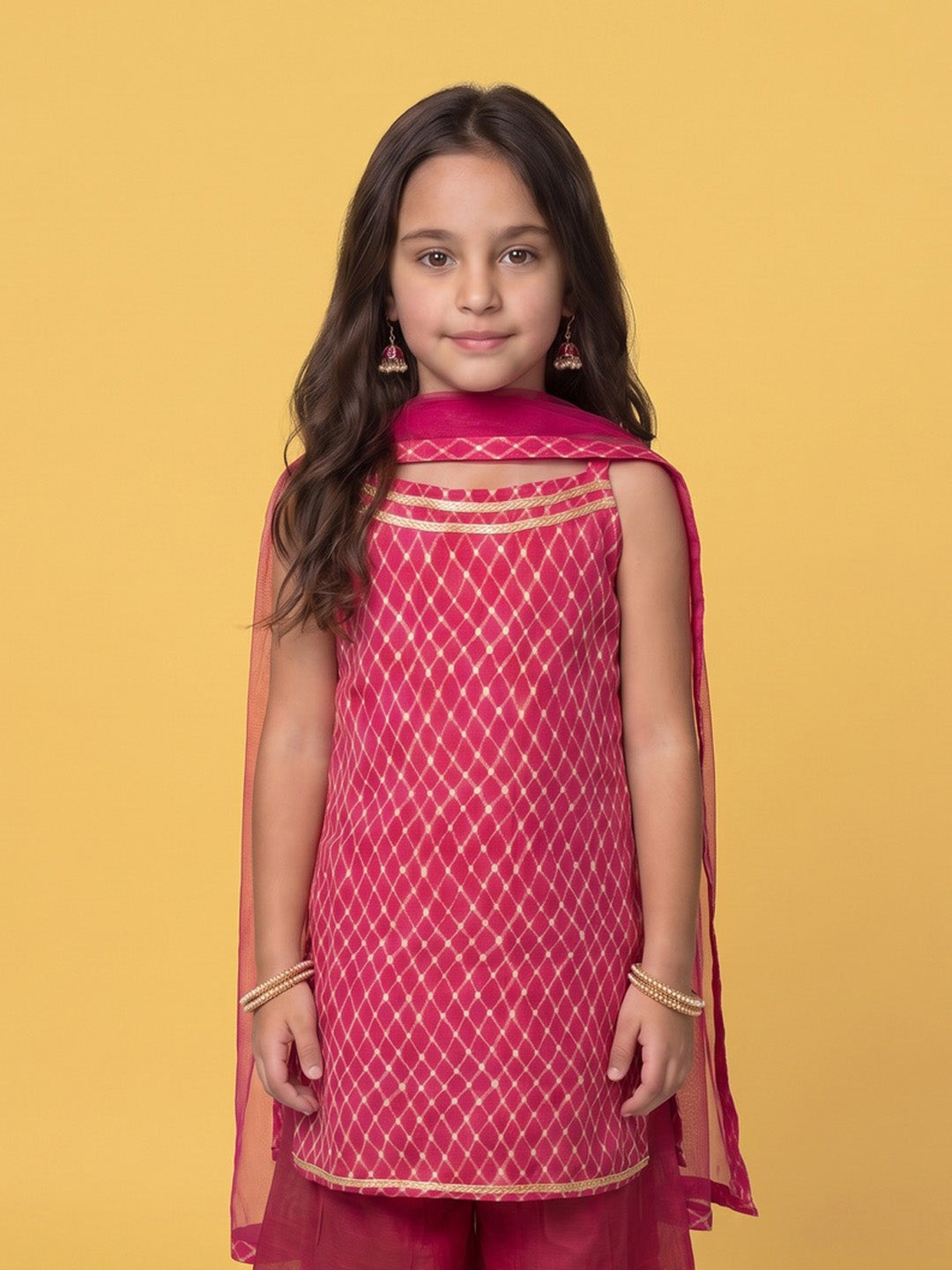 Nautinati Girls Pink Checks Kurti and Sharara Set, 2-10Y