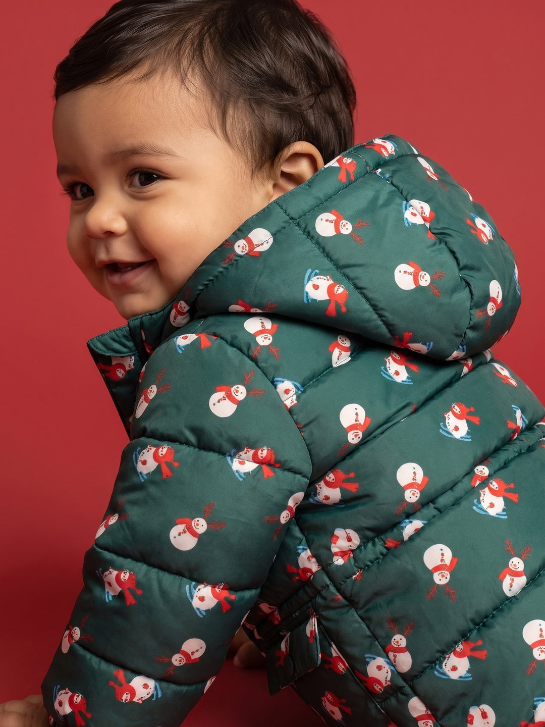 Nautinati Baby Boys Hooded Snowman Printed Puffer Jacket with Front Zip, Regular Fit