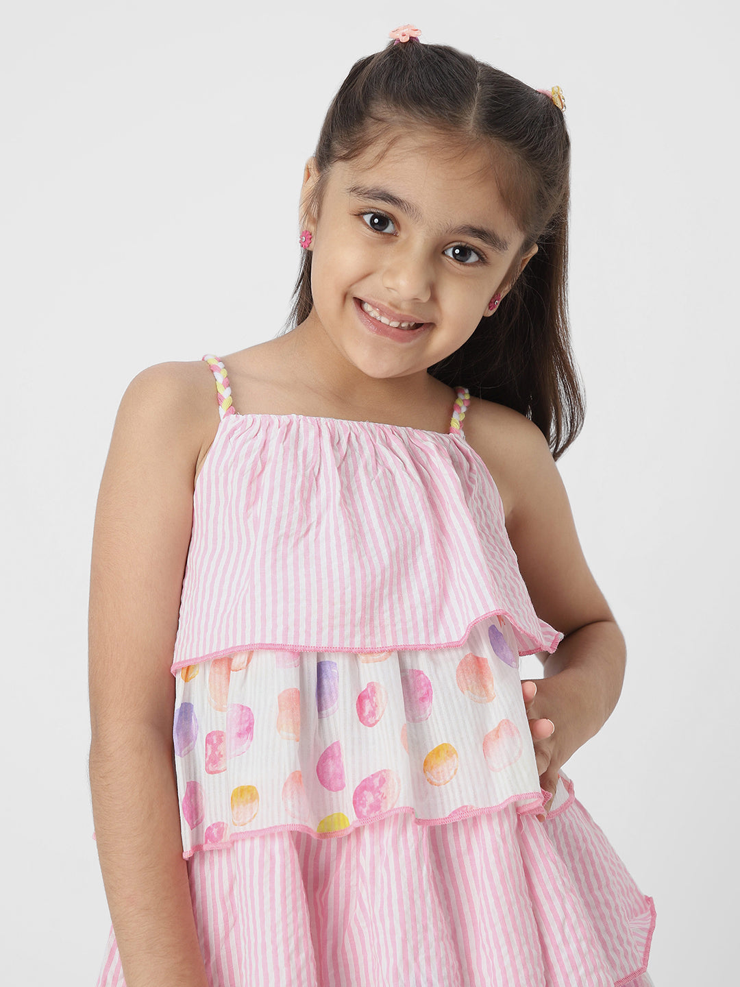 Nauti Nati Girls Pink-White Stripes Sleeveless Dresses