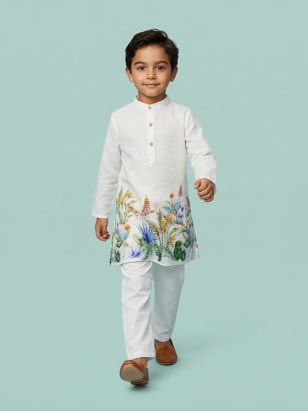 Nautinati Boys' 100% Cotton Festive Resort Style Print Kurta & Pyjama Set