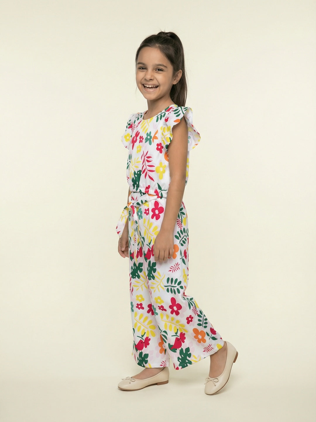 Nautinati Girls Tropical Floral Print Regular Fit Cap Sleeve Crop Top with Wide Legged Pants Co-ord Set