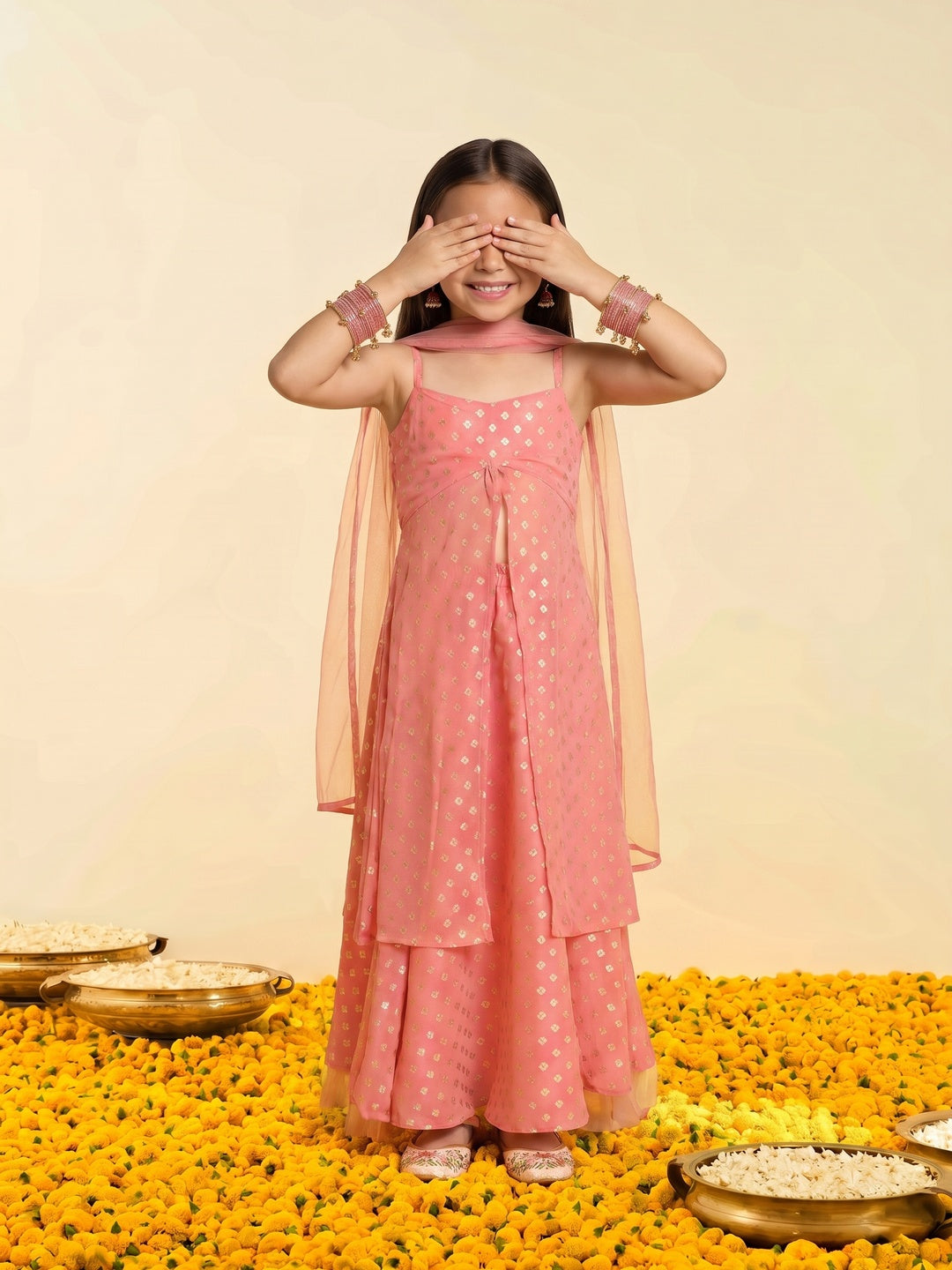 Nautinati Girls' Georgette Blend Ready-to-wear All-over Gold Toned Foil Print Lehenga & Blouse with Net Dupatta