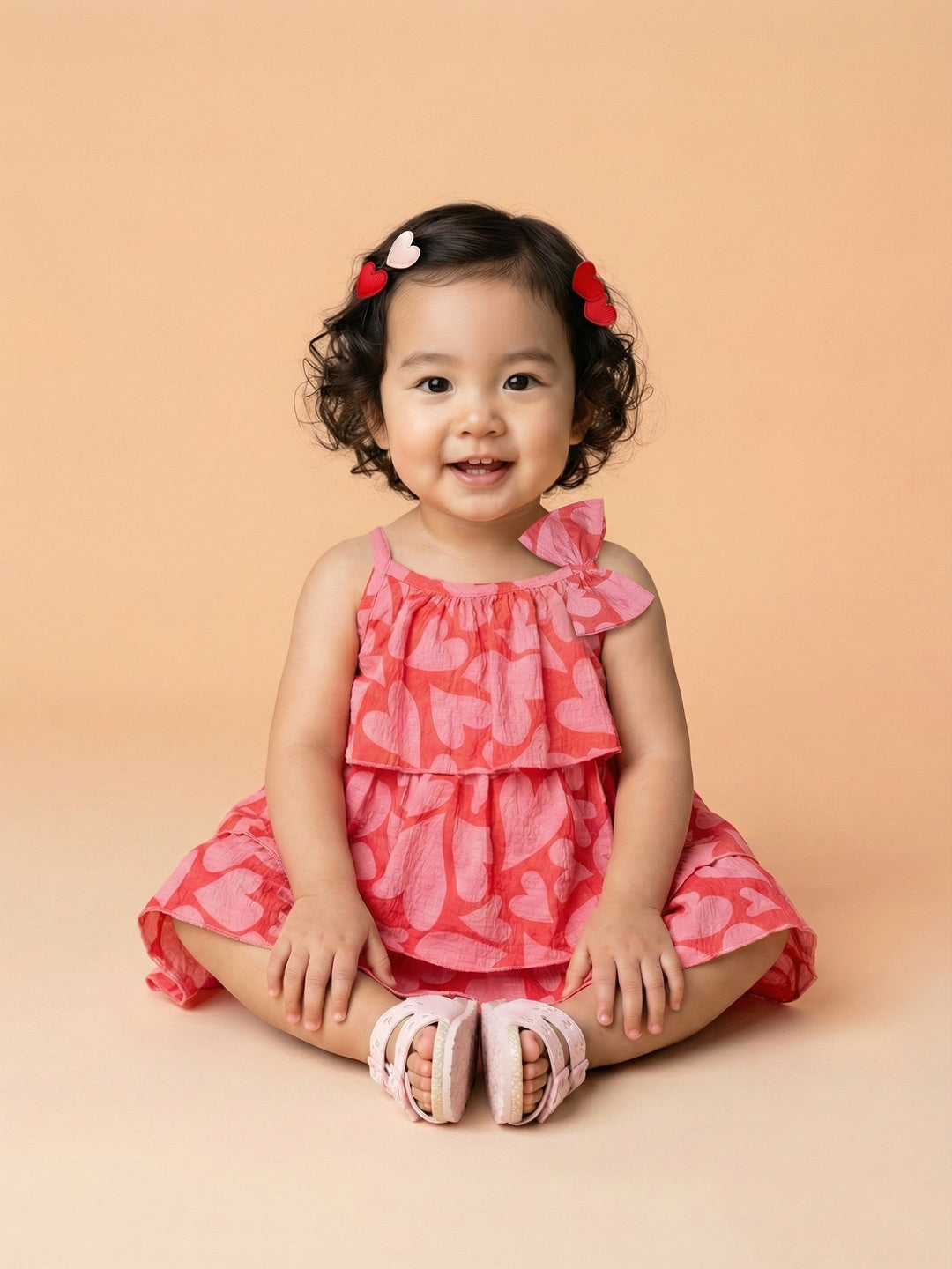 Nautinati Baby Girls All-over Heart Print A-line Strappy Tiered Dress with Bow