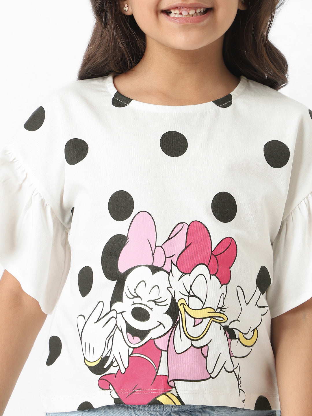 Nautinati Disney Girls Cotton Minnie Mouse & Daisy Polka Printed Flare Sleeves Top