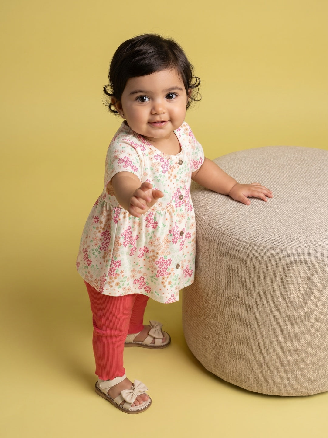 Nautinati Baby Girls' 100% Interlock Cotton All-over Print Floral Top & Ribbed Texture Trousers Combo Set