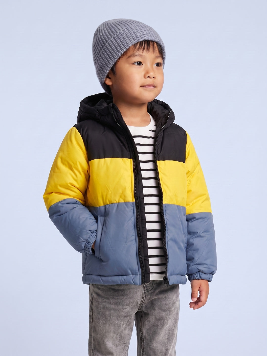 Nautinati Boys Hooded Colourblock Puffer Jacket with Front Zip, Regular Fit