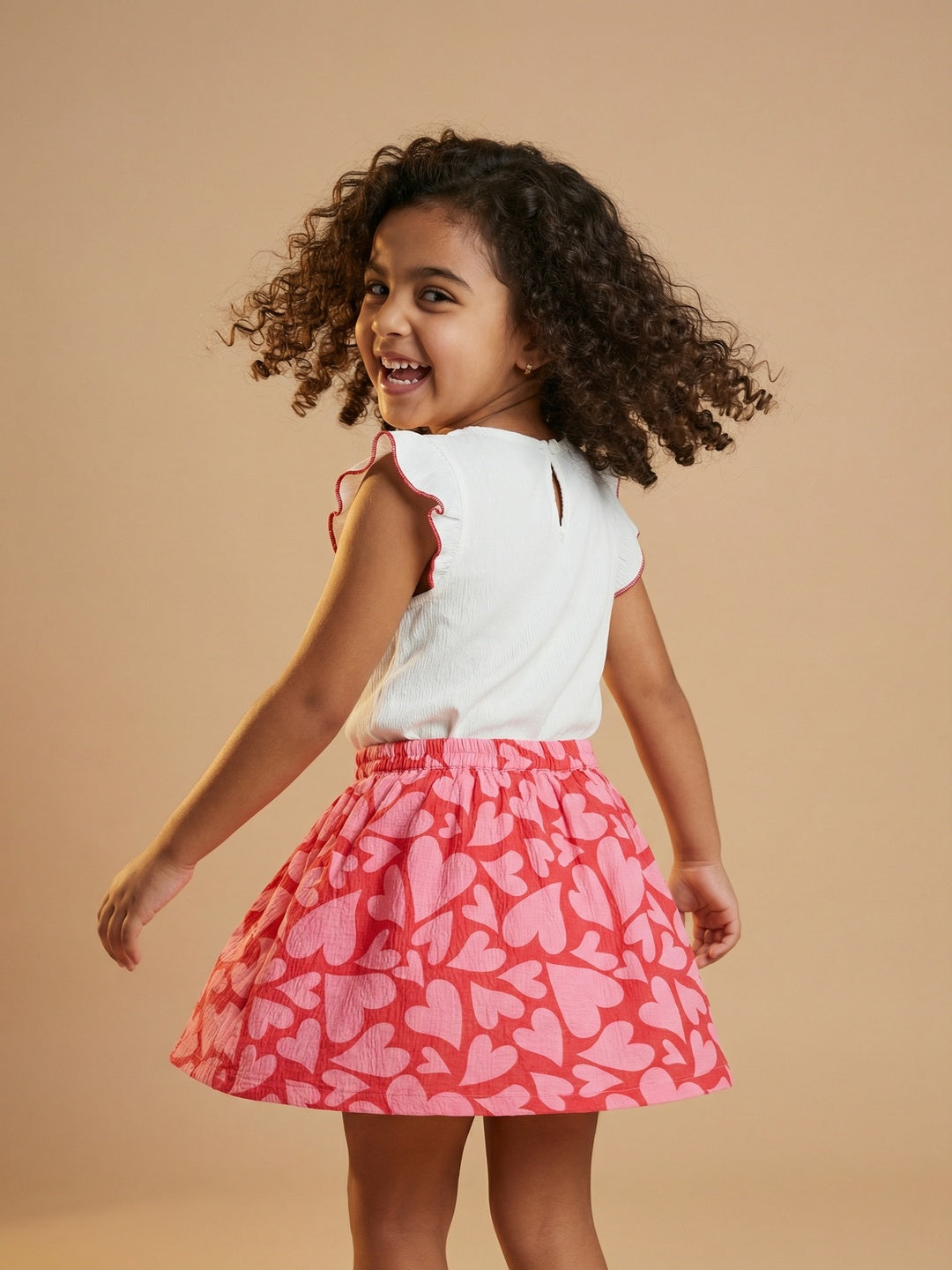 Nautinati Girls Red and White Top and Skirt Co-ord Set with Heart Applique and Print