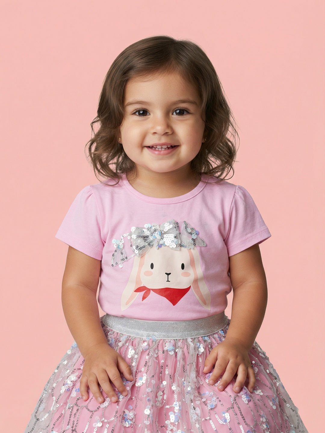 Nautinati Baby Girls Party Clothing Set with Sequin Skirt and Cotton Pink Puff Sleeve Top