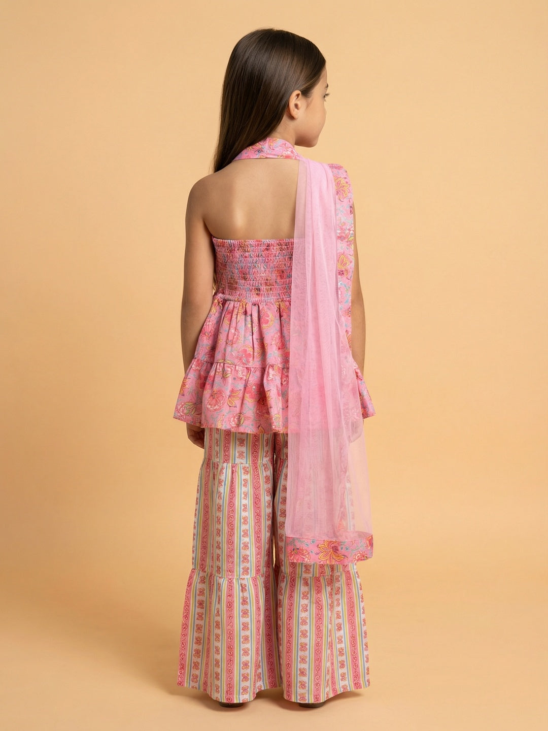 Nautinati Girls' Cotton Blend Woven Festive Chintz Floral Halter-neck Kurti with Striped Palazzos