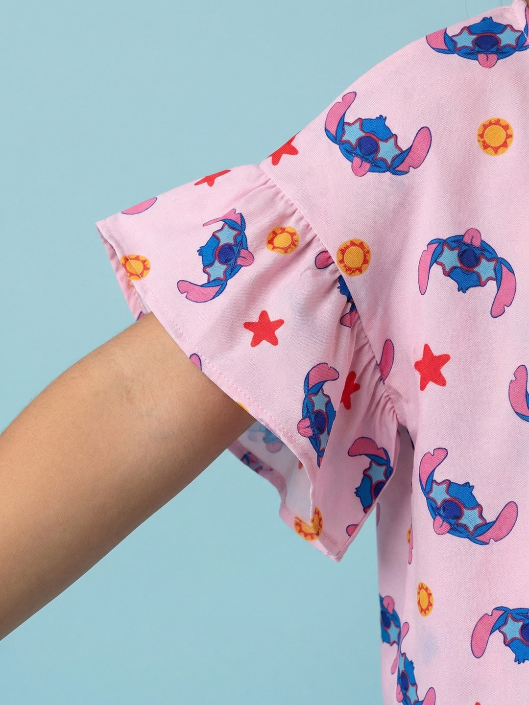 Nautinati Girls Lilo & Stitch Printed Regular Fit Round Neck T-shirt and Shorts Co-ord Set