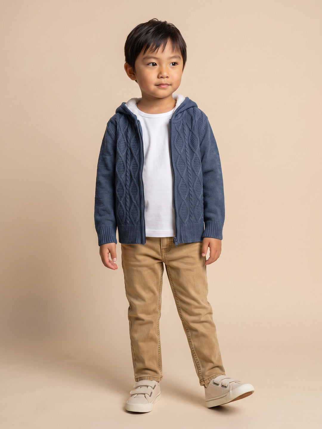 Nautinati Boys Cable Knit Zip-Up Full Sleeve Sweater, Relaxed Fit