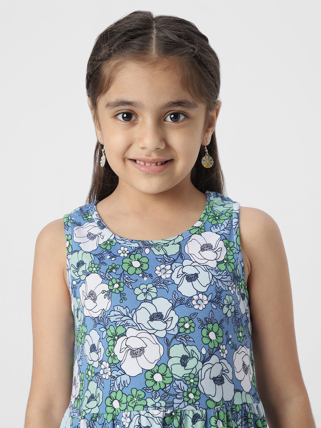 Girls Blue Floral Printed Sleeveless Round Neck A-Line Dress