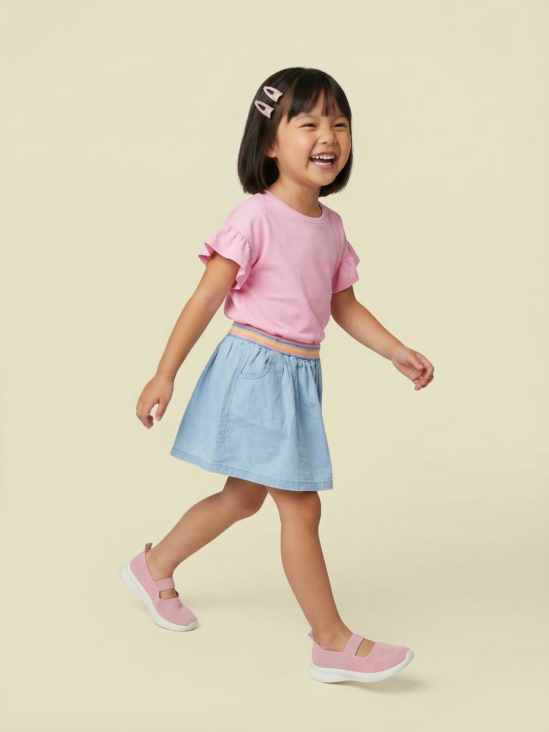 Nautinati Girls' 100% Cotton Mid-blue Wash Denim Skirt with Contrast-rib Waistband