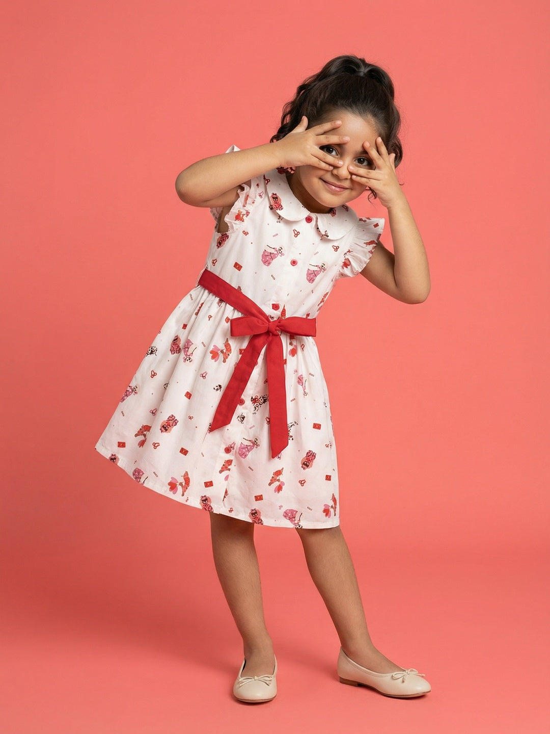 Nautinati Girls' 100% Cotton Valentine's Day Theme Pet Dogs All-over Print Shirt Dress with Peter Pan Collar