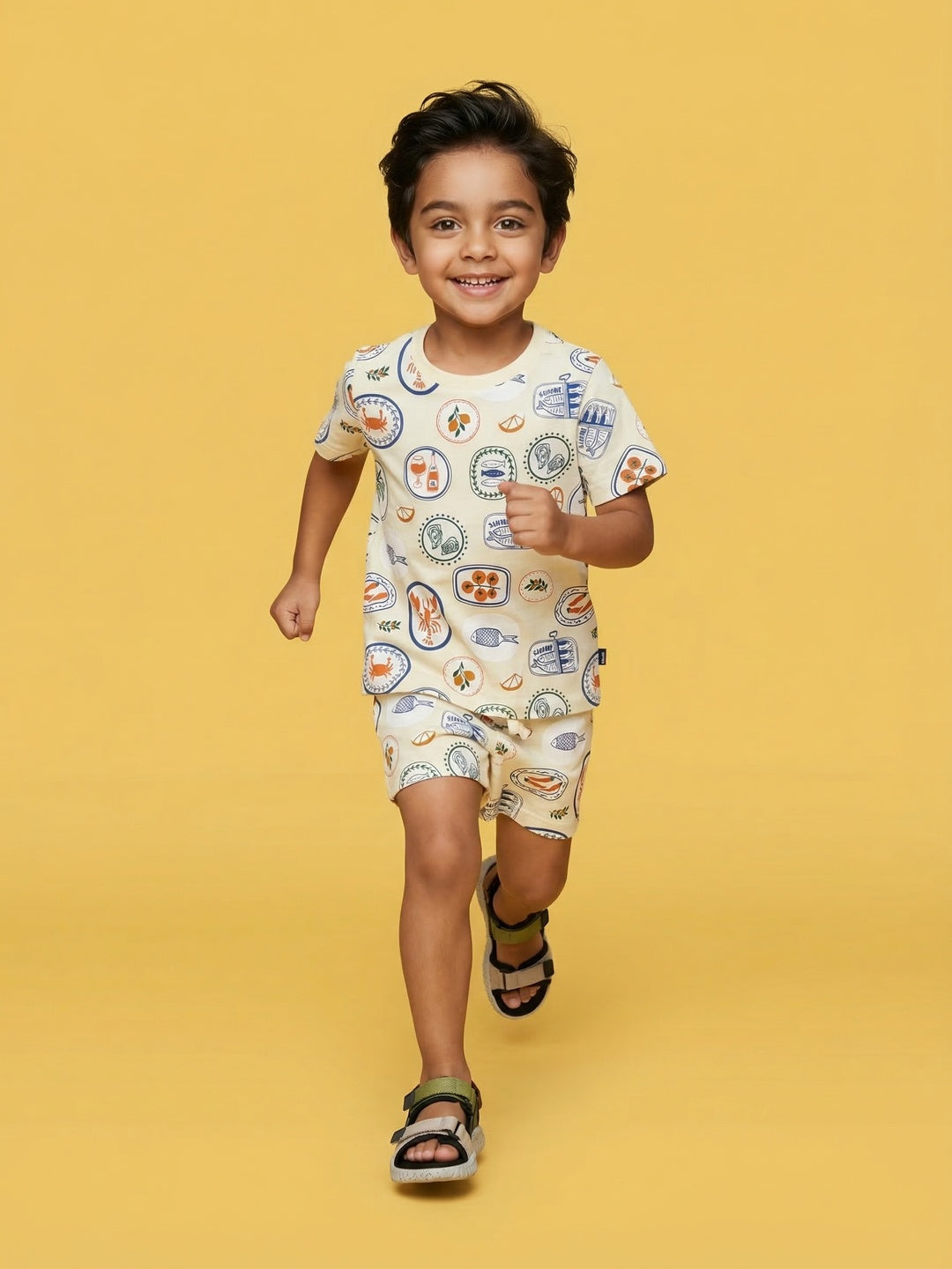 Nautinati Boys Off-White Cotton All Over Print Half-Sleeve Summer T-shirt and Shorts Set