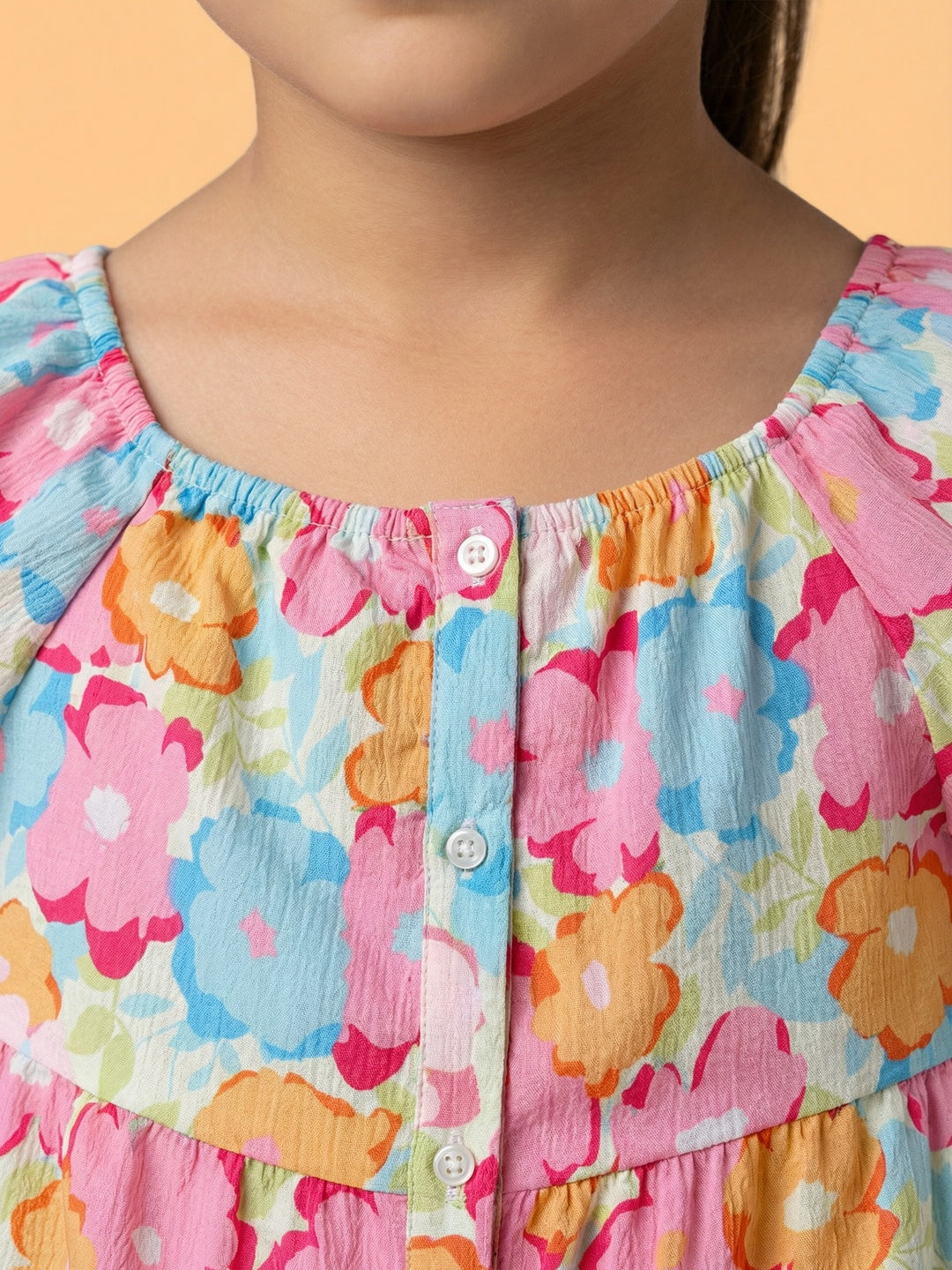 Nautinati Girls' Multicolour Floral Fit & Flare Dress with Puff Sleeves