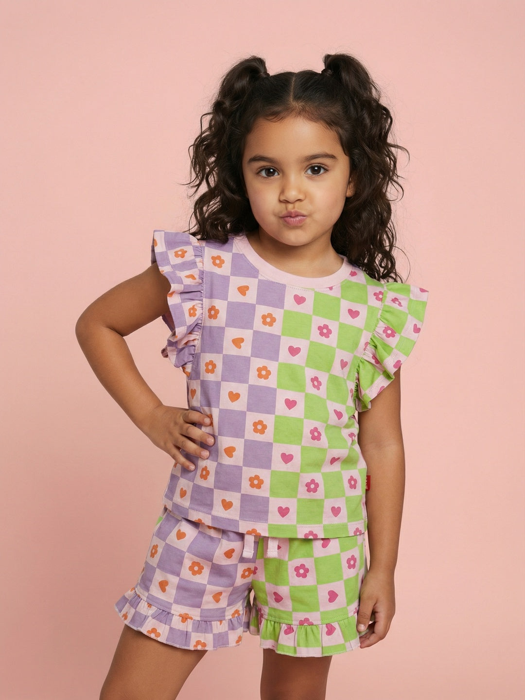 Nautinati Girls Floral Checks Print Half Sleeve Cotton T-shirt and Shorts Co-Ord Set