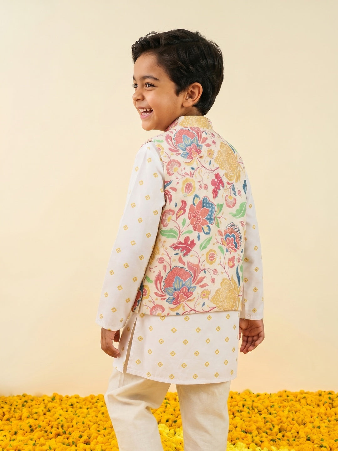 Nautinati Boys' 100% Cotton All-over Floral Print Kurta & Nehru Jacket Set